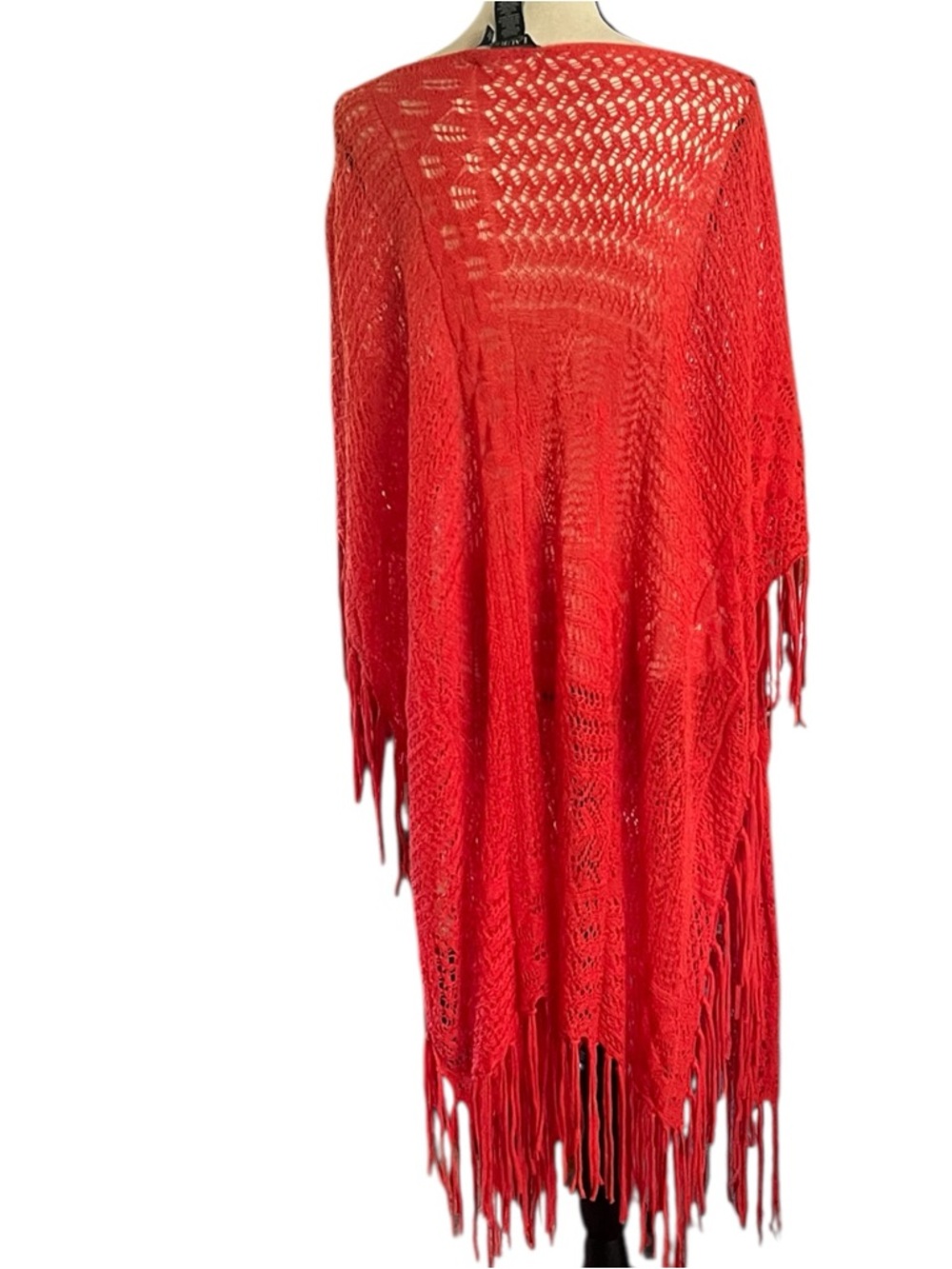 Lauren Ralph Lauren Boho Vibrant Long Fringe Crochet Open knit Poncho. L/XL - Picture 6 of 9